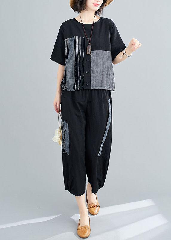 Unique Black asymmetrical design Linen Button Summer Two Pieces Set - bagstylebliss
