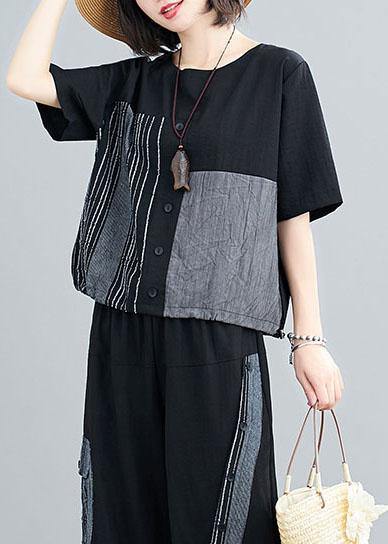 Unique Black asymmetrical design Linen Button Summer Two Pieces Set - bagstylebliss