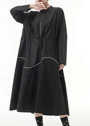 Unique Black drawstring zippered Stand Collar Dress Spring