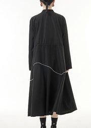 Unique Black drawstring zippered Stand Collar Dress Spring