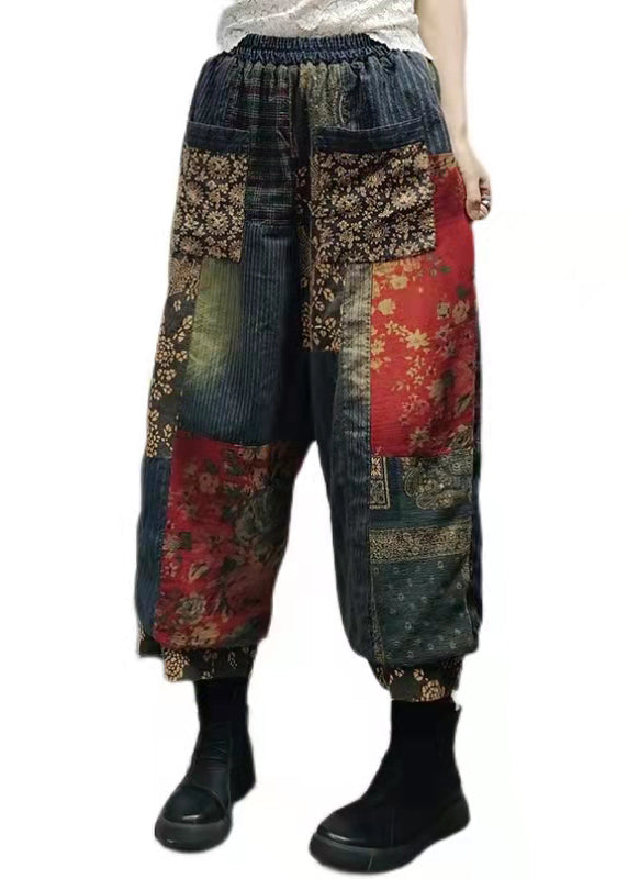 Einzigartige schwarze elastische Taillentasche Patchwork Cotton Pants Spring