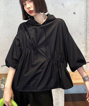 Unique Black hooded Cinched Half Sleeve Top - bagstylebliss