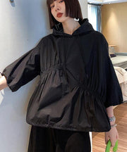 Unique Black hooded Cinched Half Sleeve Top - bagstylebliss