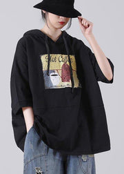 Unique Black hooded Cotton Loose Sweatshirts Top - bagstylebliss