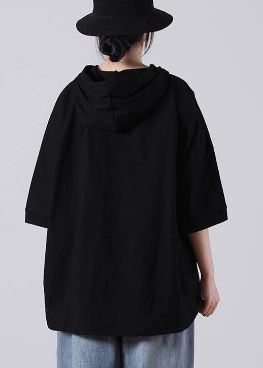Unique Black hooded Cotton Loose Sweatshirts Top - bagstylebliss