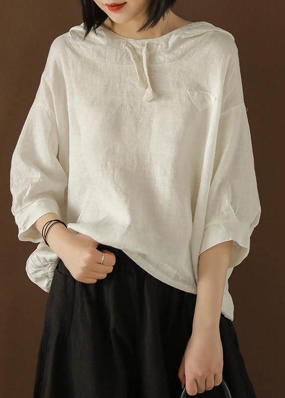 Unique Blouse Indian Linen Summer Literary White Hooded Three Quarter Sleeve T-shirt - bagstylebliss