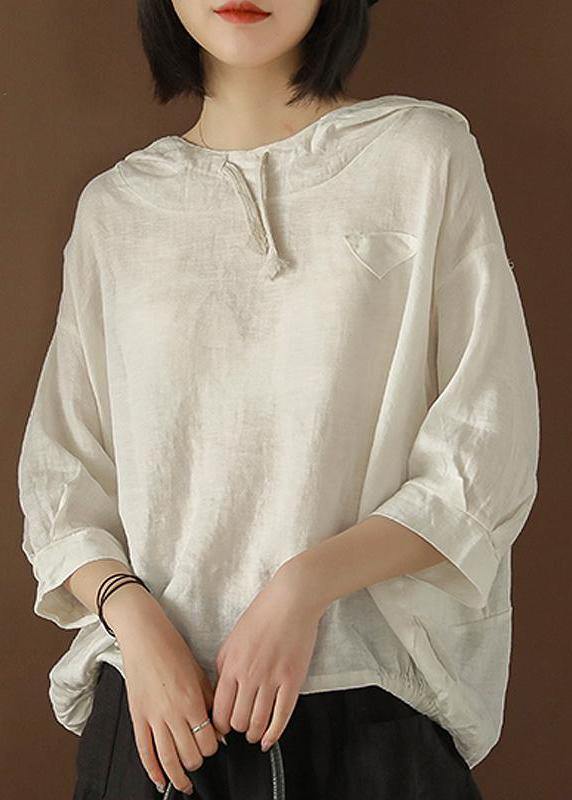 Unique Blouse Indian Linen Summer Literary White Hooded Three Quarter Sleeve T-shirt - bagstylebliss