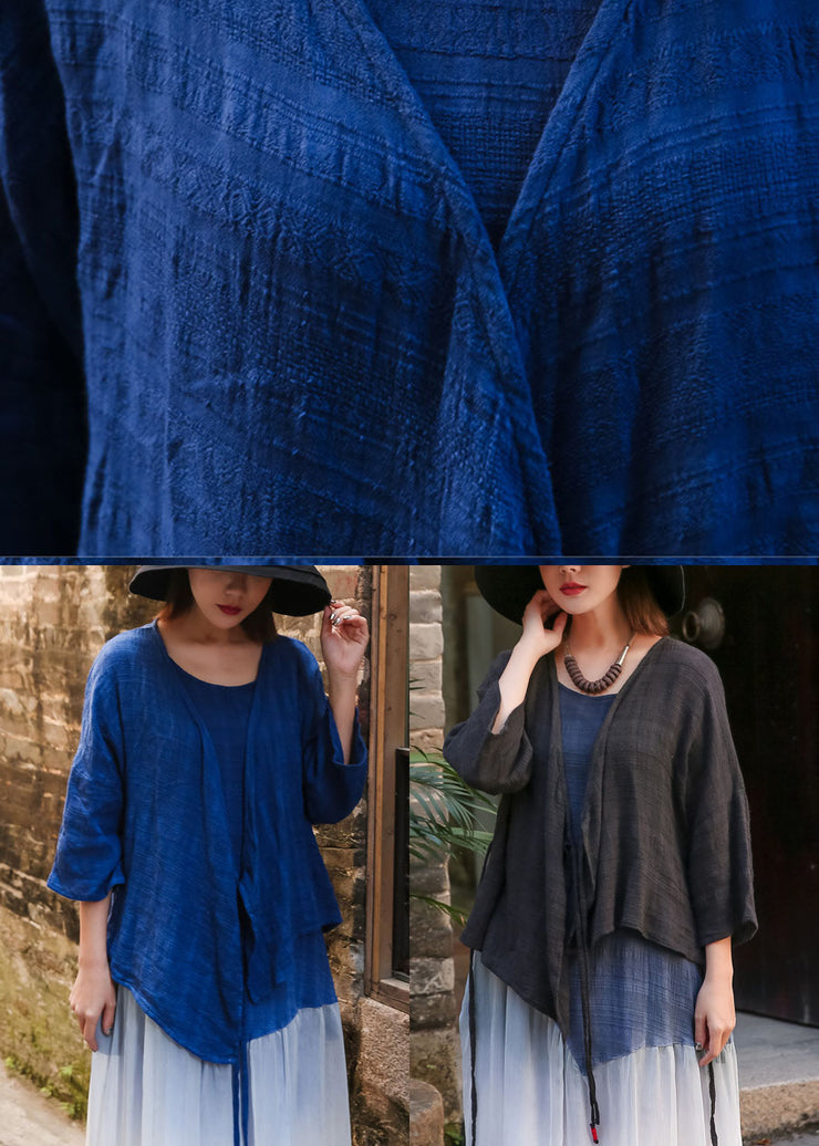 Einzigartige blaue asymmetrische Strickjacke aus Baumwolle mit Dreiviertelärmeln