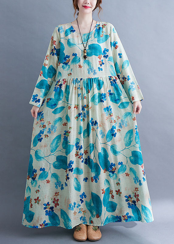 Unique Blue Baggy O-Neck Wrinkled Print Long Dress Long Sleeve