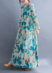 Unique Blue Baggy O-Neck Wrinkled Print Long Dress Long Sleeve