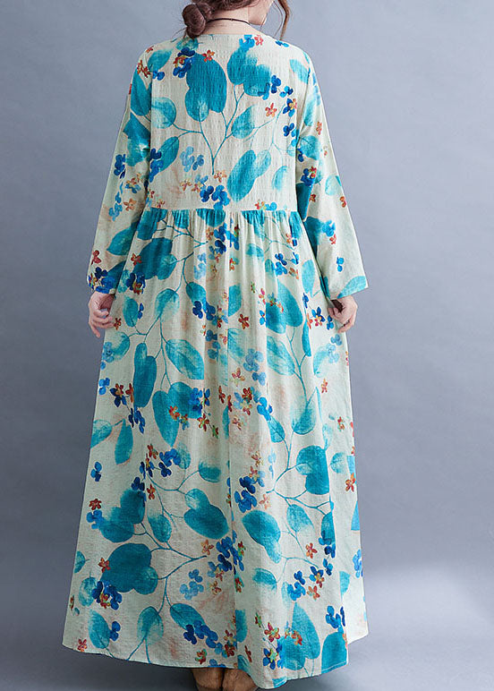 Unique Blue Baggy O-Neck Wrinkled Print Long Dress Long Sleeve