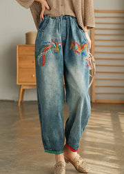 Unique Blue Casual Pockets Embroidered Harem Fall Denim Pants