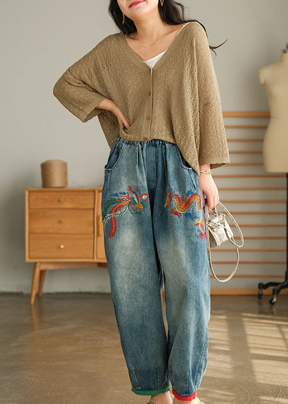 Unique Blue Casual Pockets Embroidered Harem Fall Denim Pants