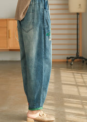 Unique Blue Casual Pockets Embroidered Harem Fall Denim Pants