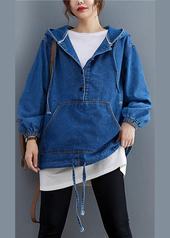 Einzigartiges blaues Denim-Knopftaschen-Kapuzen-Herbst-Langarm-Top