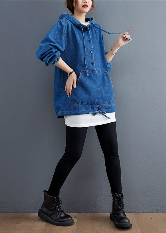 Unique Blue Denim Button Pockets hooded Fall Long sleeve Top