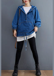 Unique Blue Denim Button Pockets hooded Fall Long sleeve Top