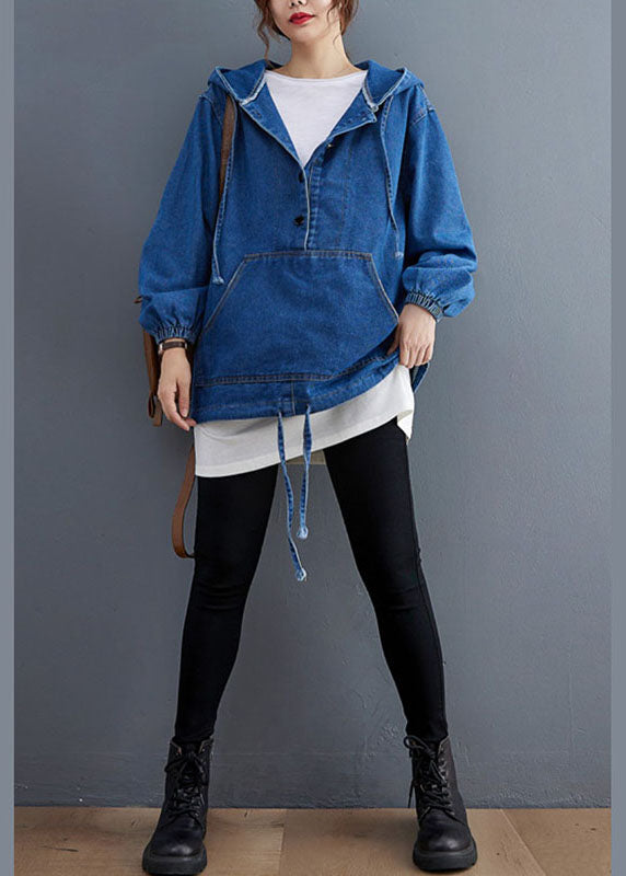 Unique Blue Denim Button Pockets hooded Fall Long sleeve Top