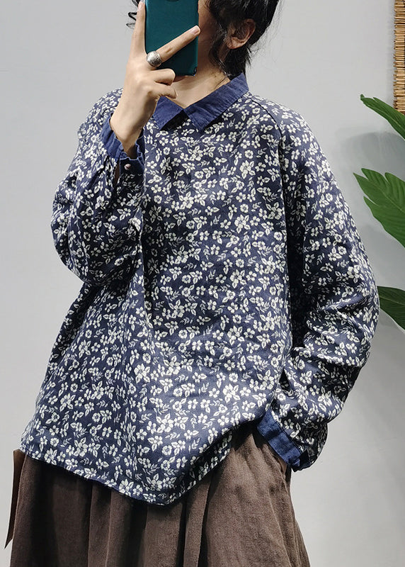 Unique Blue Floral Button Peter Pan Collar Linen Sweatshirts Top Spring