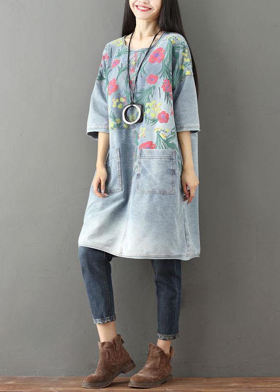 Unique Blue O-Neck Pockets Print Fall Denim Dresses Half Sleeve - bagstylebliss