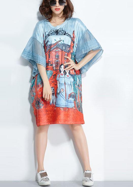 Unique Blue O-Neck Pockets Print Summer Flare Sleeve Party Dress - bagstylebliss