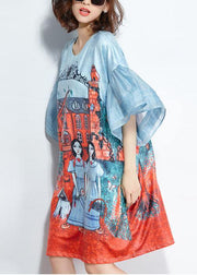 Unique Blue O-Neck Pockets Print Summer Flare Sleeve Party Dress - bagstylebliss