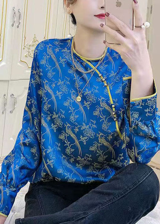 Einzigartige blaue O-Neck Seite offen Jacquard Patchwork Seide Tops Frühling