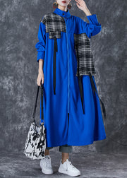 Unique Blue Oversized Patchwork Applique Cotton Trench Coat Fall