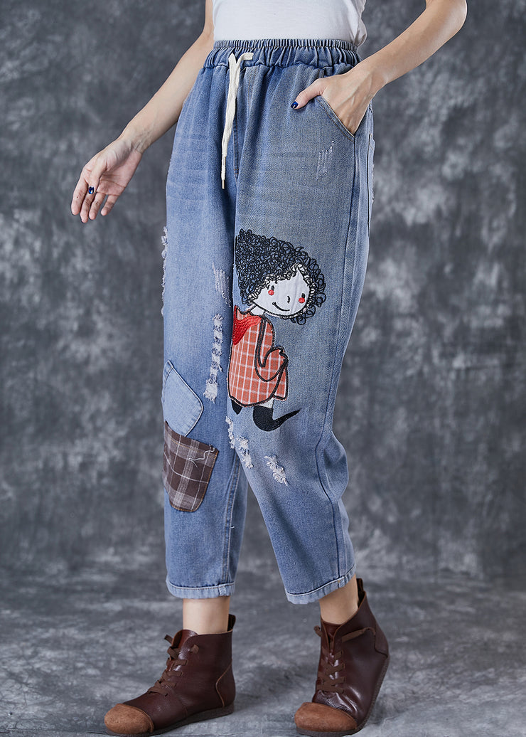 Unique Blue Patchwork Cartoon Girl Denim Ripped Jeans Fall