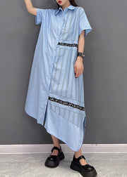 Unique Blue Peter Pan Collar Asymmetrical Striped Button Side Open Dress Short Sleeve