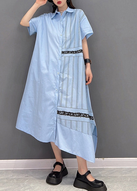 Unique Blue Peter Pan Collar Asymmetrical Striped Button Side Open Dress Short Sleeve