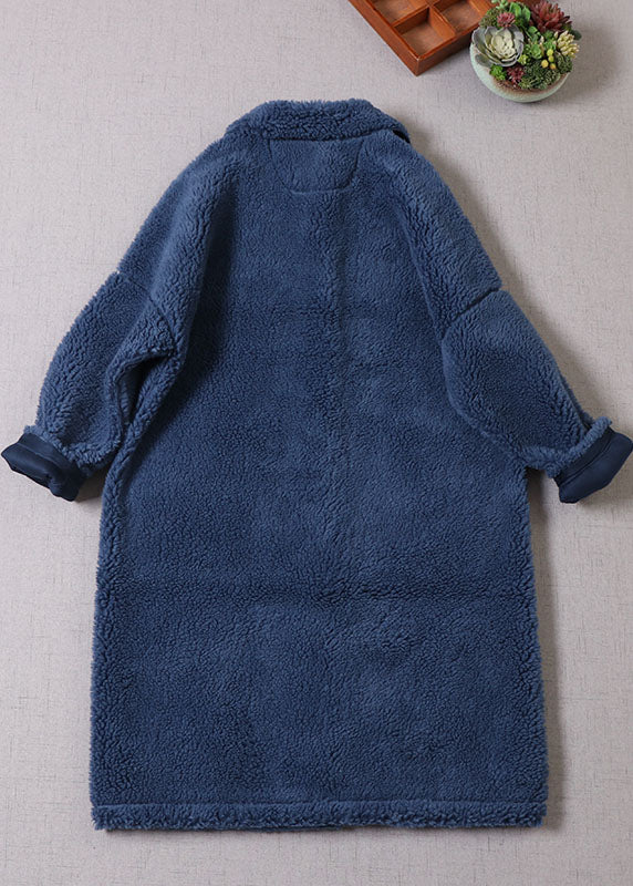 Unique Blue Peter Pan Collar Button Faux Fur thick Winter Coat