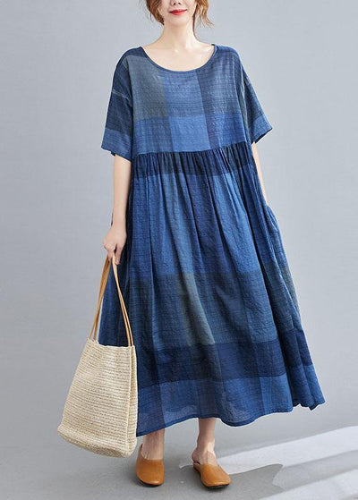 Unique Blue Plaid Casual Pockets A Line Summer Maxi Dresses Half Sleeve - bagstylebliss