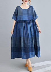 Unique Blue Plaid Casual Pockets A Line Summer Maxi Dresses Half Sleeve - bagstylebliss