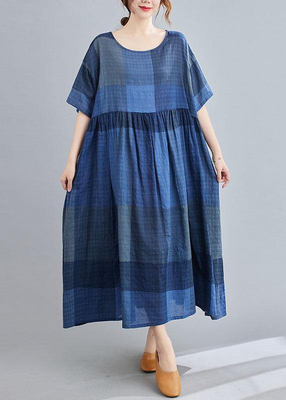 Unique Blue Plaid Casual Pockets A Line Summer Maxi Dresses Half Sleeve - bagstylebliss