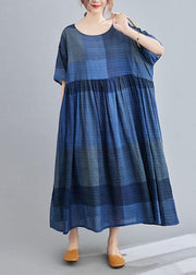 Unique Blue Plaid Casual Pockets A Line Summer Maxi Dresses Half Sleeve - bagstylebliss