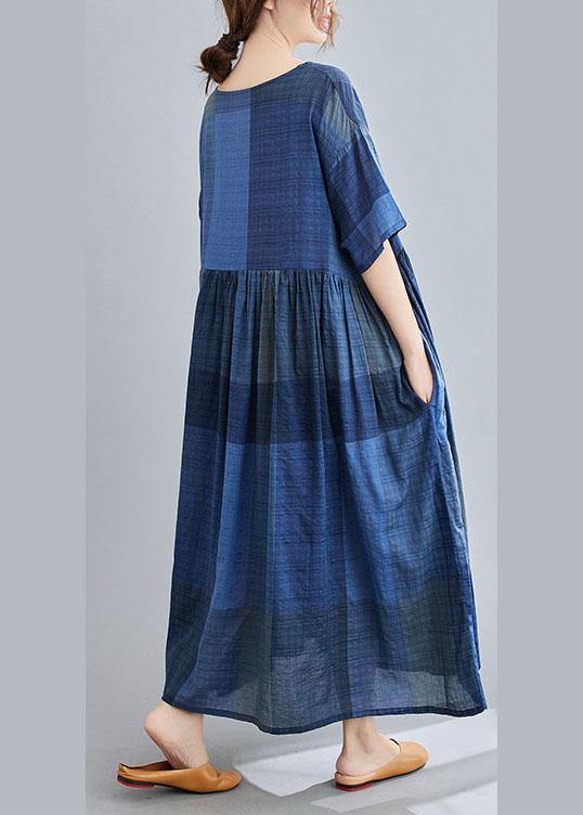 Unique Blue Plaid Casual Pockets A Line Summer Maxi Dresses Half Sleeve - bagstylebliss