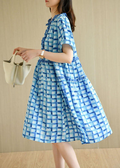 Unique Blue Plaid O-Neck A Line Summer Chiffon Dress Short Sleeve - bagstylebliss