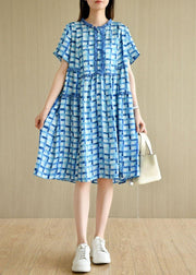 Unique Blue Plaid O-Neck A Line Summer Chiffon Dress Short Sleeve - bagstylebliss