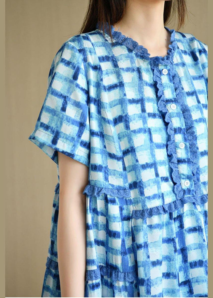 Unique Blue Plaid O-Neck A Line Summer Chiffon Dress Short Sleeve - bagstylebliss