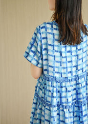 Unique Blue Plaid O-Neck A Line Summer Chiffon Dress Short Sleeve - bagstylebliss