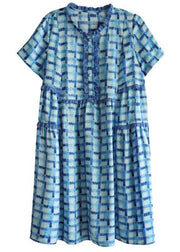 Unique Blue Plaid O-Neck A Line Summer Chiffon Dress Short Sleeve - bagstylebliss