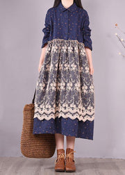 Unique Blue Print Dresses Patchwork Lace Kaftan Spring Dress - bagstylebliss