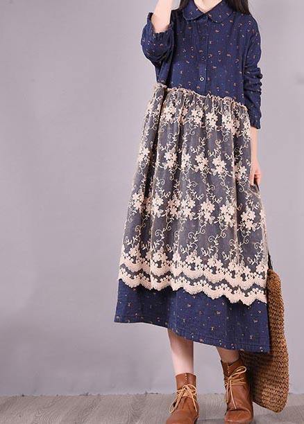 Unique Blue Print Dresses Patchwork Lace Kaftan Spring Dress - bagstylebliss