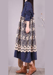 Unique Blue Print Dresses Patchwork Lace Kaftan Spring Dress - bagstylebliss
