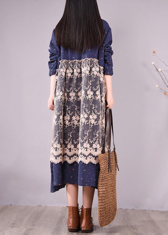 Unique Blue Print Dresses Patchwork Lace Kaftan Spring Dress - bagstylebliss