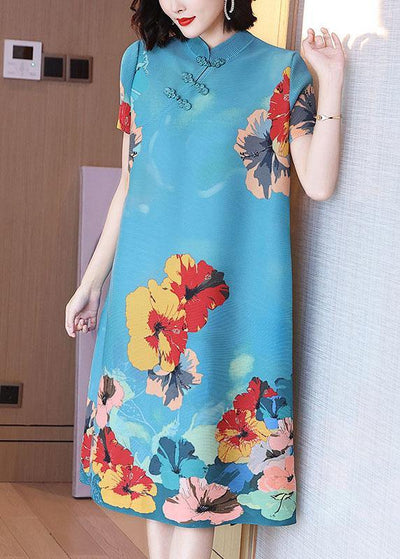 Unique Blue Print Floral Mandarin Collar Maxi Dresses Summer - bagstylebliss