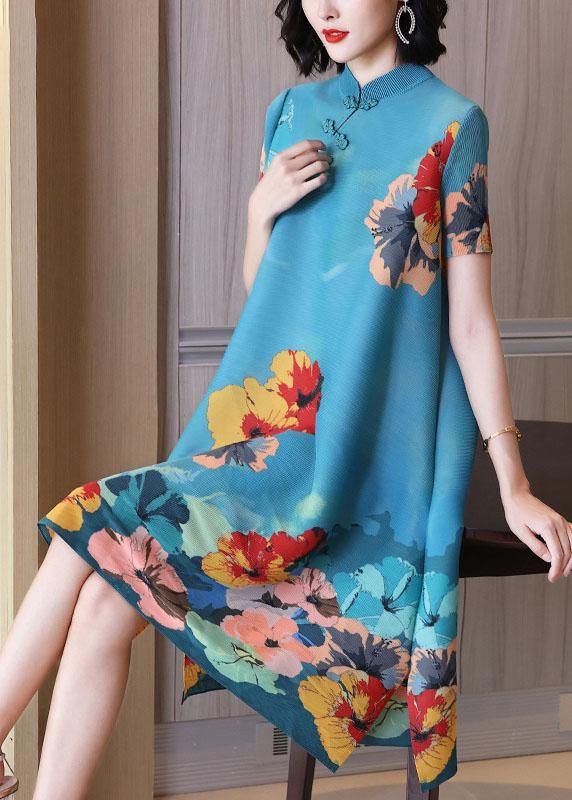 Unique Blue Print Floral Mandarin Collar Maxi Dresses Summer - bagstylebliss