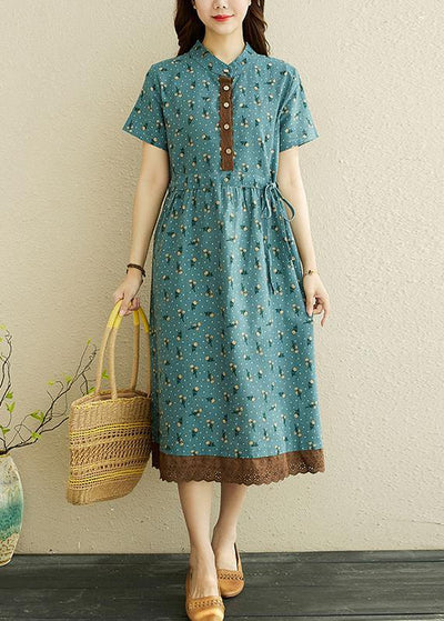 Unique Blue Print tie waist Long Summer Cotton Dress - bagstylebliss