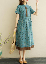 Unique Blue Print tie waist Long Summer Cotton Dress - bagstylebliss